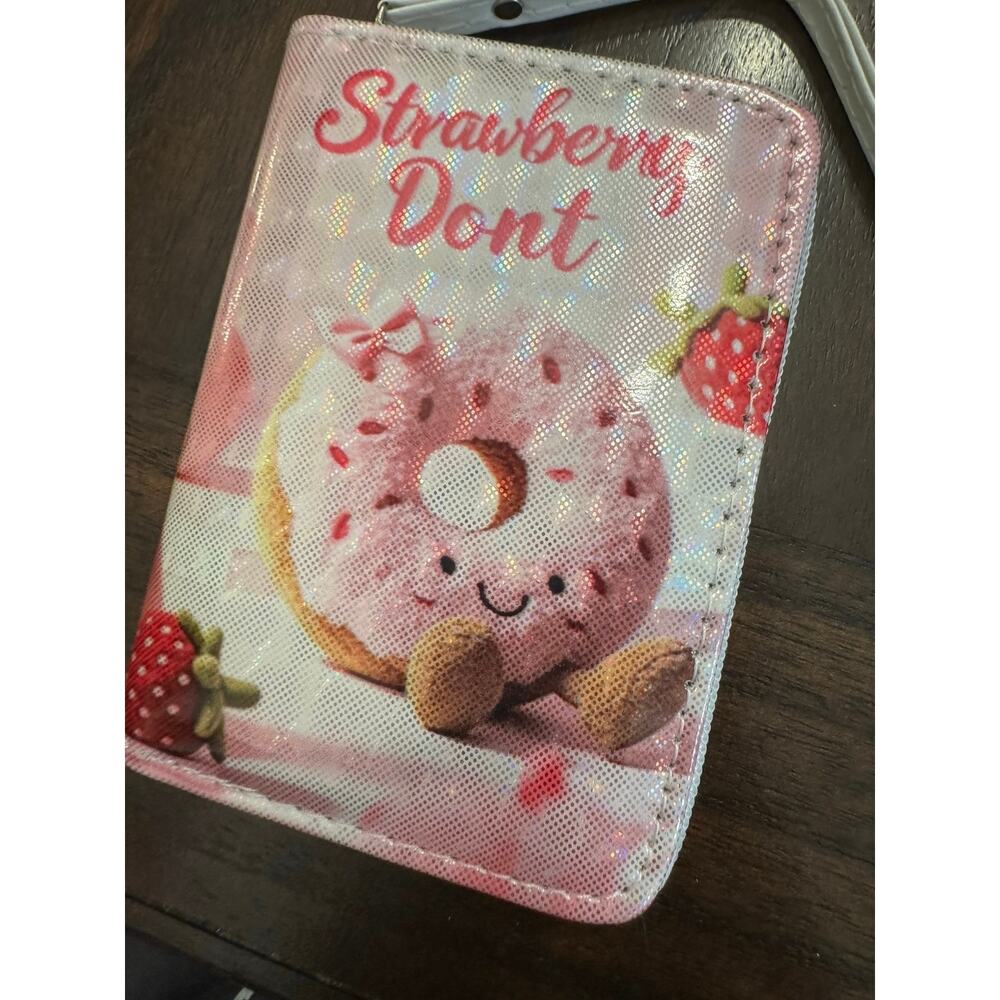 Pink donut with strawberry design and glittery texture wallet strap zipper